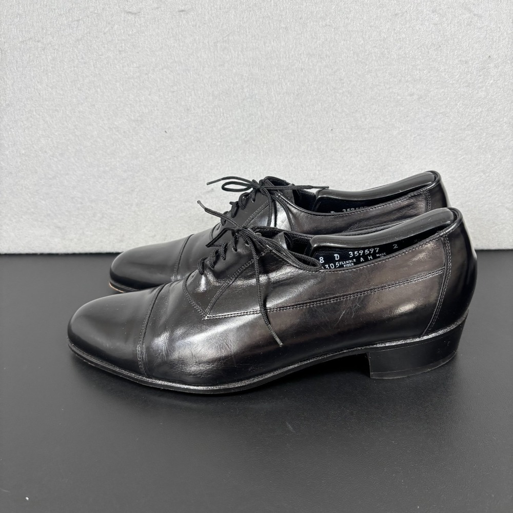 Vintage Florsheim Black Leather Cap Toe Oxford Dress Shoes 8D Made in USA 20305